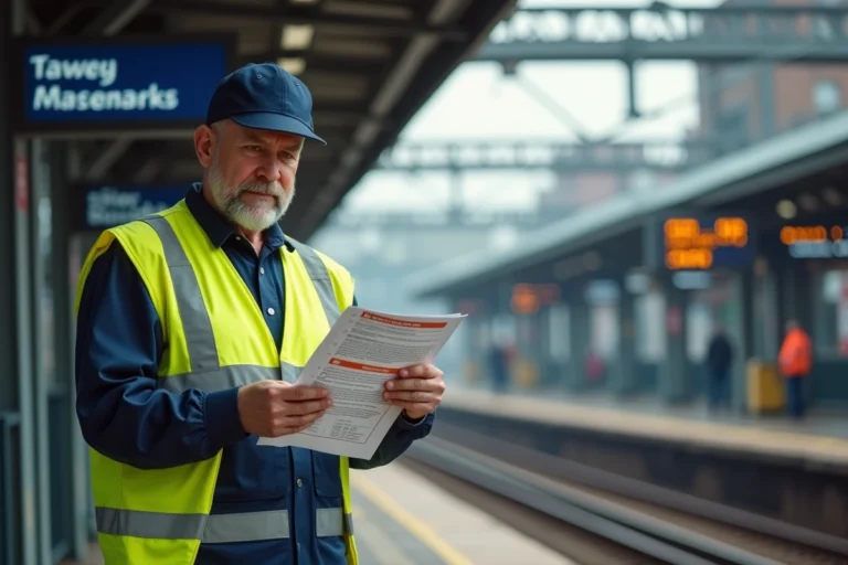 Agent SNCF en uniforme avec flyer sur plateforme ferroviaire