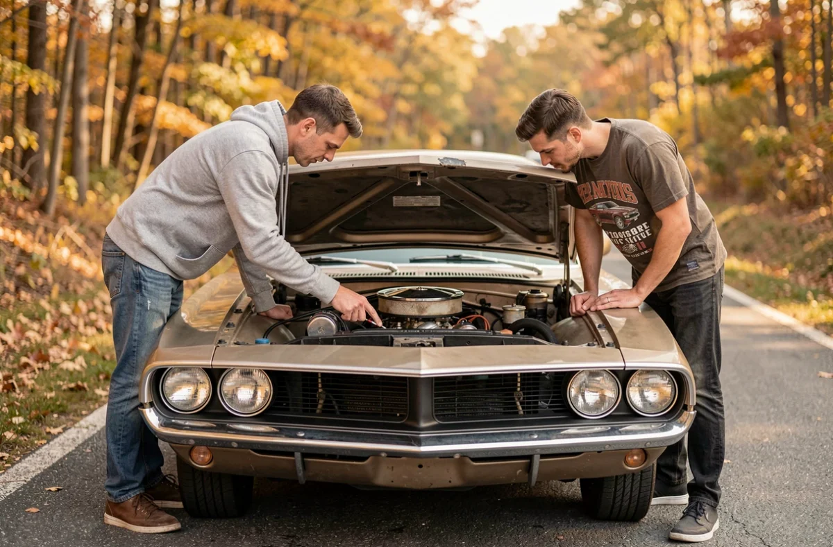 Deux amis passionnés d'automobiles inspectant le moteur d'une voiture muscle classique des années 70 sur une route de campagne en automne