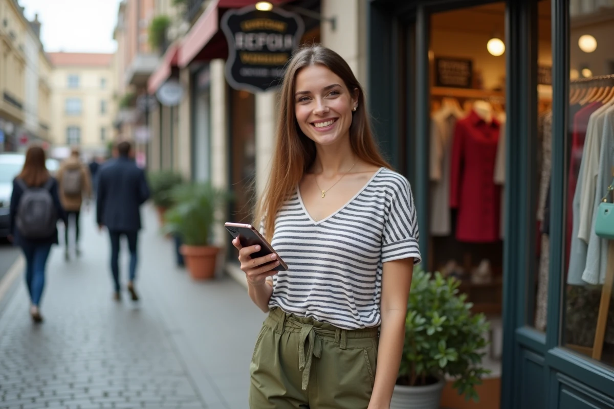 Jeune femme consultant une application de revente de vêtements sur smartphone devant une boutique de reprise en ville