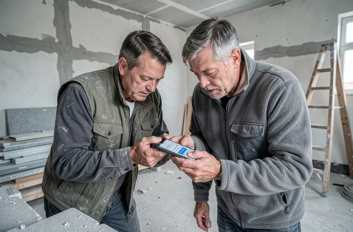 Deux artisans du bâtiment consultant une application de gestion des avantages et charges sur chantier