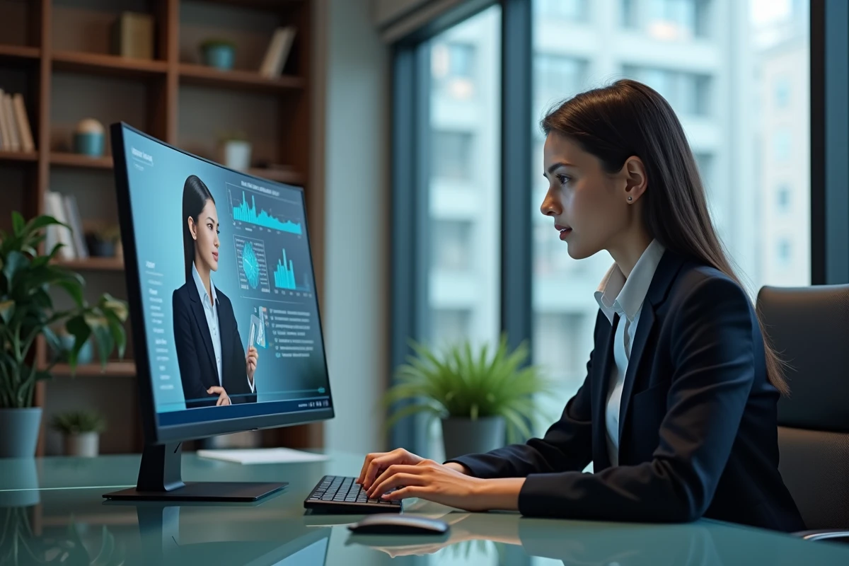 Jeune avocate au bureau moderne utilisant un assistant AI