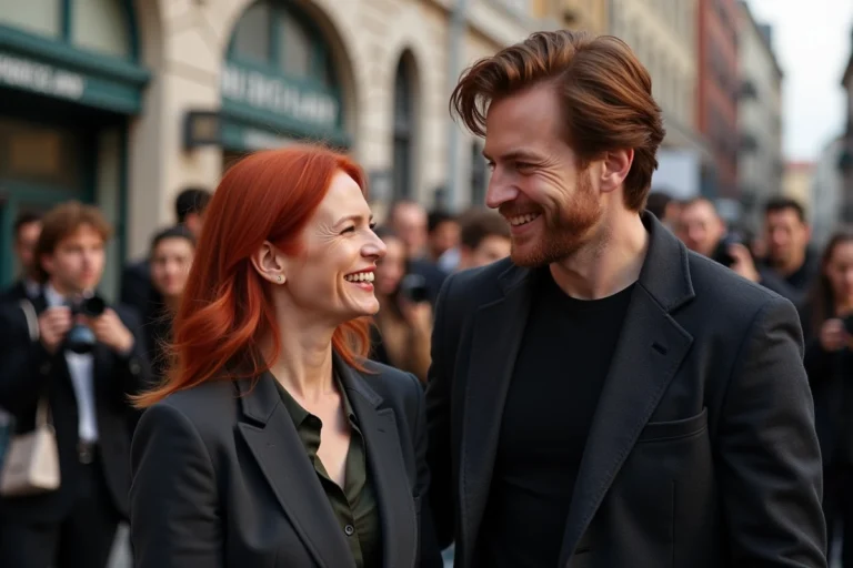 Caitriona Balfe et Sam Heughan souriants ensemble lors d'un événement presse, rumeurs de couple