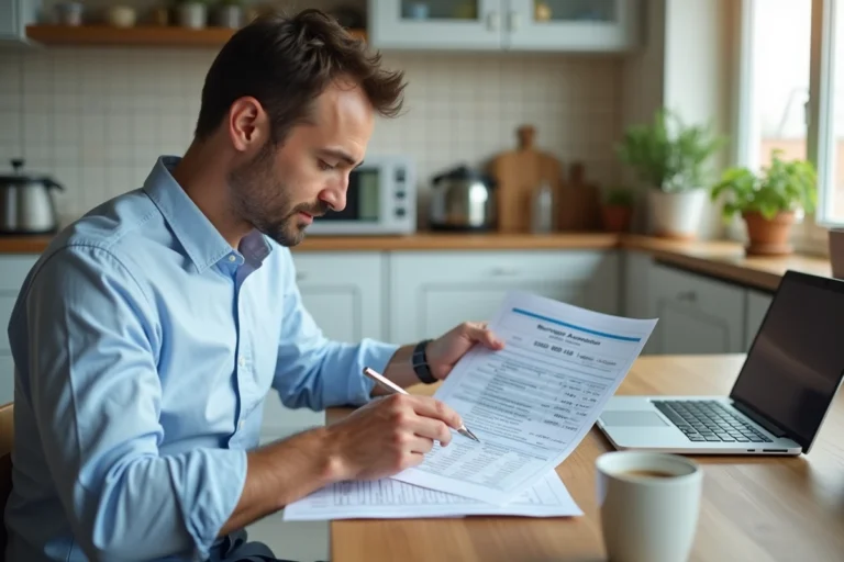 Homme consultant des documents de remboursement de prêt immobilier à la table de sa cuisine avec un ordinateur portable