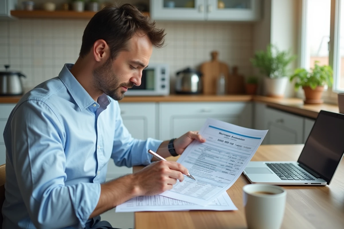 Homme consultant des documents de remboursement de prêt immobilier à la table de sa cuisine avec un ordinateur portable