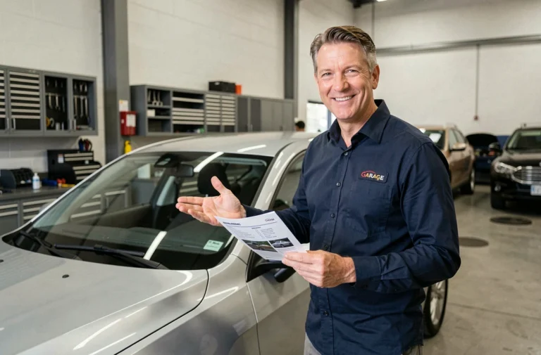 Conseiller automobile professionnel présentant une berline argentée dans un garage moderne à Naninne