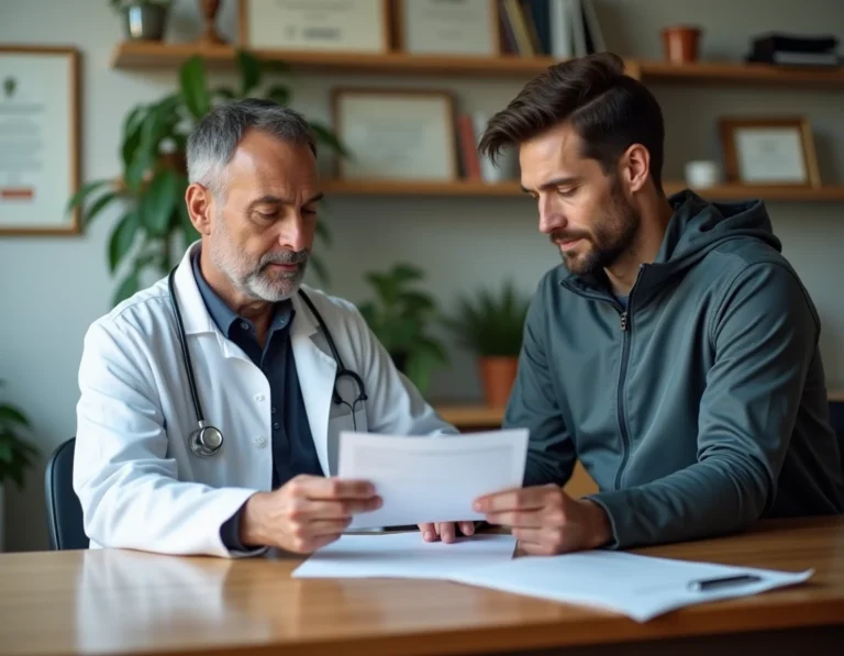 Médecin remettant un certificat médical à un coureur de trail lors d'une consultation avant la Diagonale des Fous