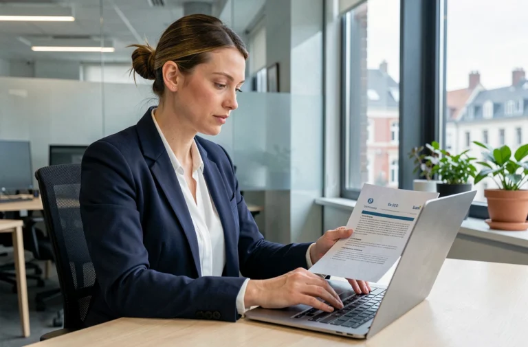 Professionnelle belge contactant une agence de référencement depuis son bureau moderne à Bruxelles