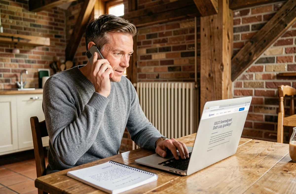 Entrepreneur belge prenant contact par téléphone avec une agence SEO depuis son domicile