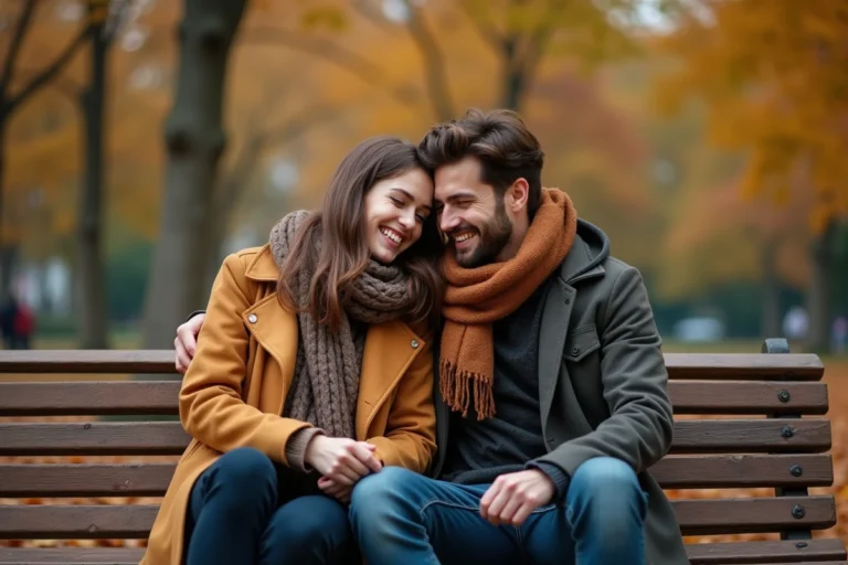 Couple assis sur un banc dans un parc automnal