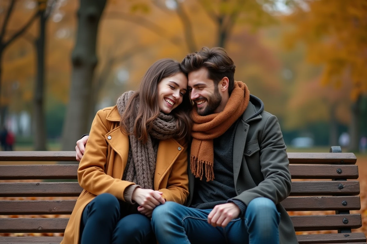 Couple assis sur un banc dans un parc automnal