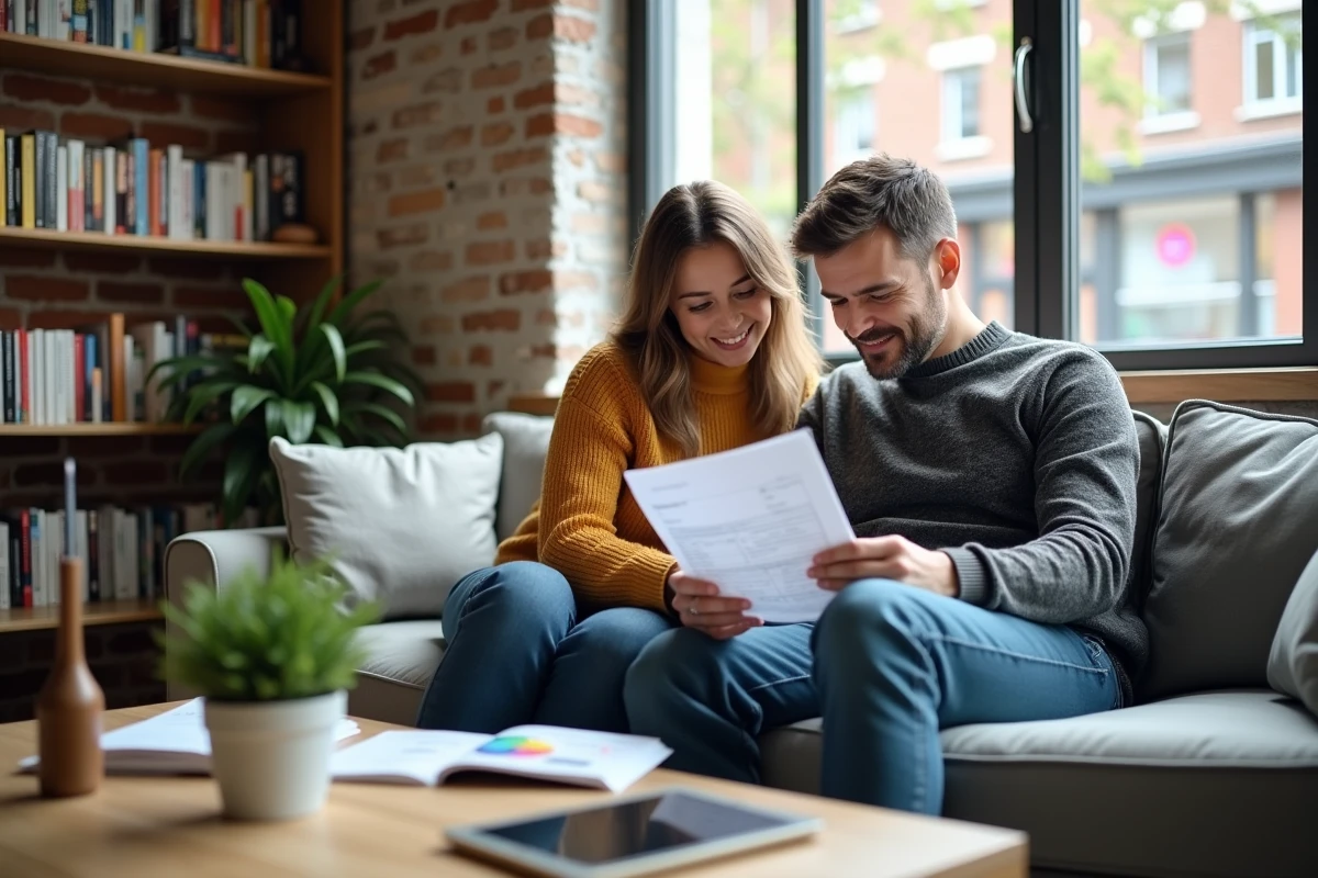 Couple examinant ensemble un plan de remboursement de crédit immobilier dans leur salon avec une tablette