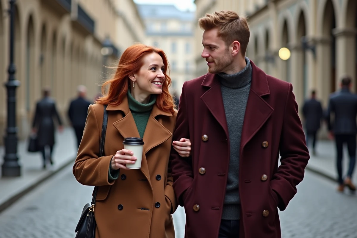 Couple présumé se promenant dans une rue européenne pavée, atmosphère complice et mystérieuse