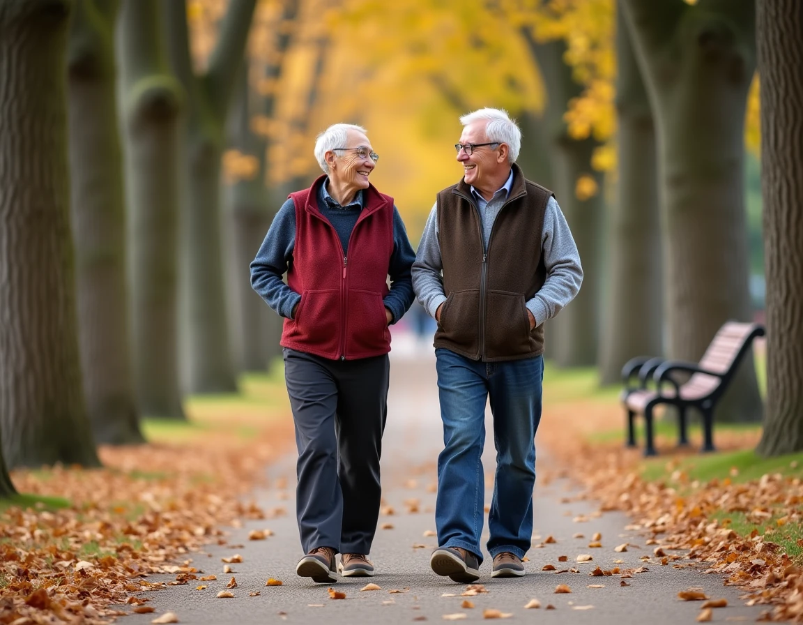 Couple de seniors actifs se promenant dans un parc français en automne, profitant des activités et avantages liés à la retraite après 60 ans