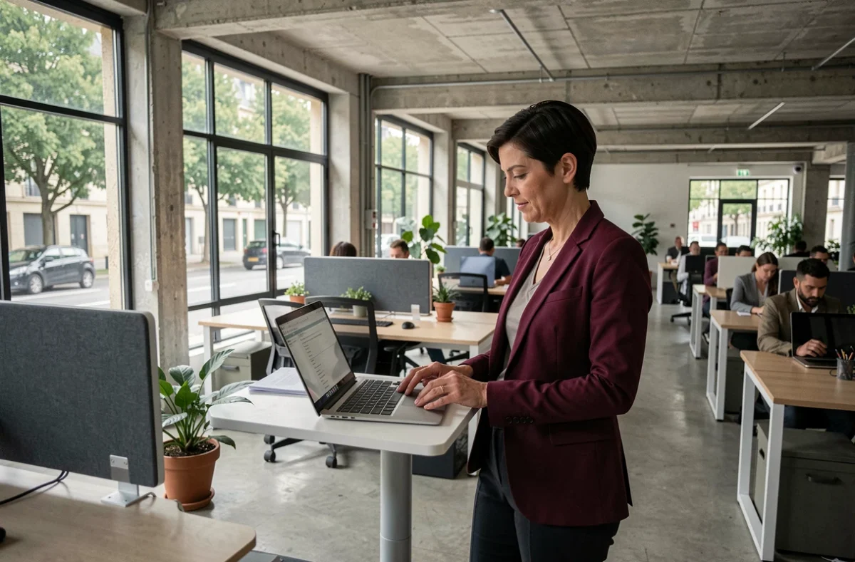 Espace de coworking moderne dans un bâtiment industriel rénové de la métropole Grand Paris Seine Ouest avec professionnelle au travail