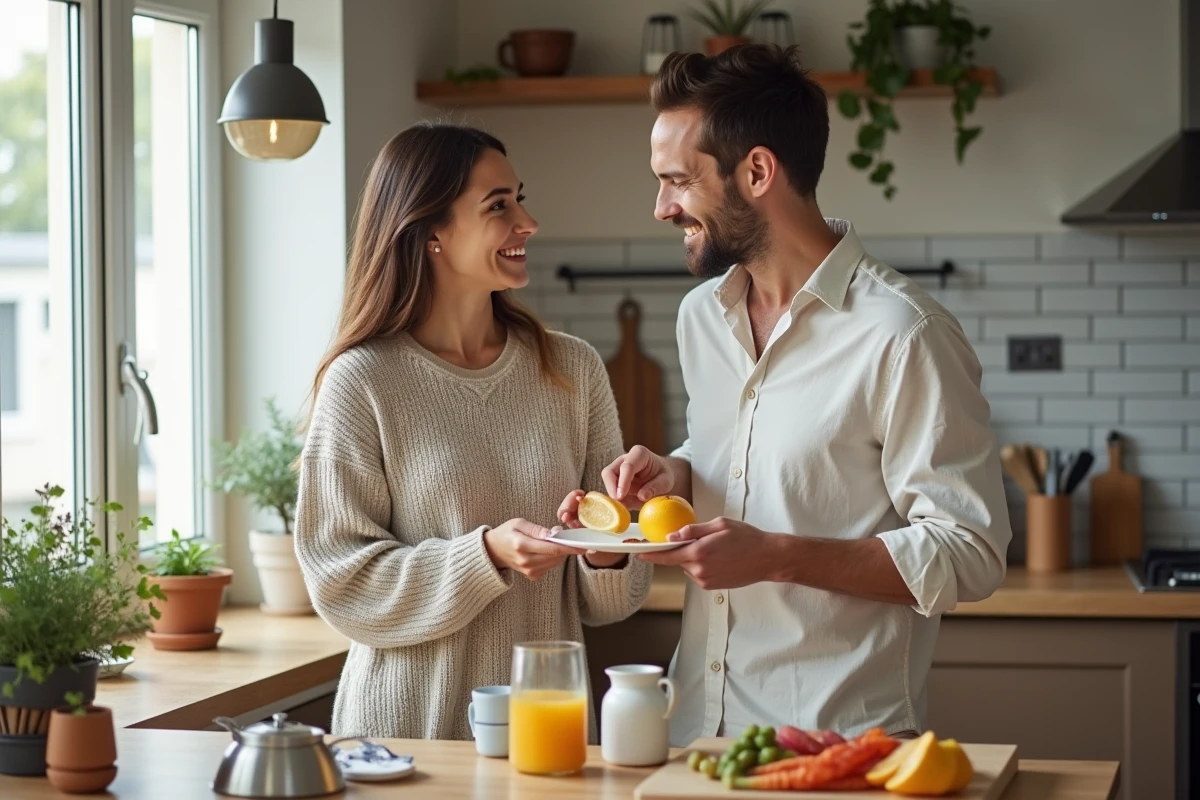 Jeune couple préparant le petit déjeuner en cuisine