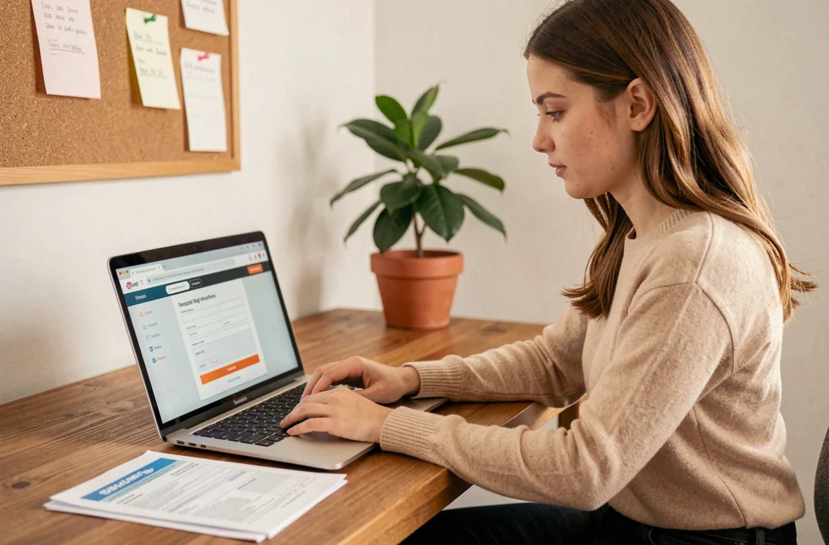 Une jeune femme renouvelle l'immatriculation de son véhicule en ligne depuis son bureau à domicile