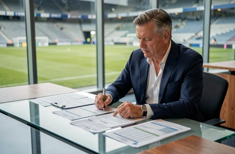 Dirigeant de club de Ligue 1 analysant le budget financier dans un bureau administratif de stade de football professionnel
