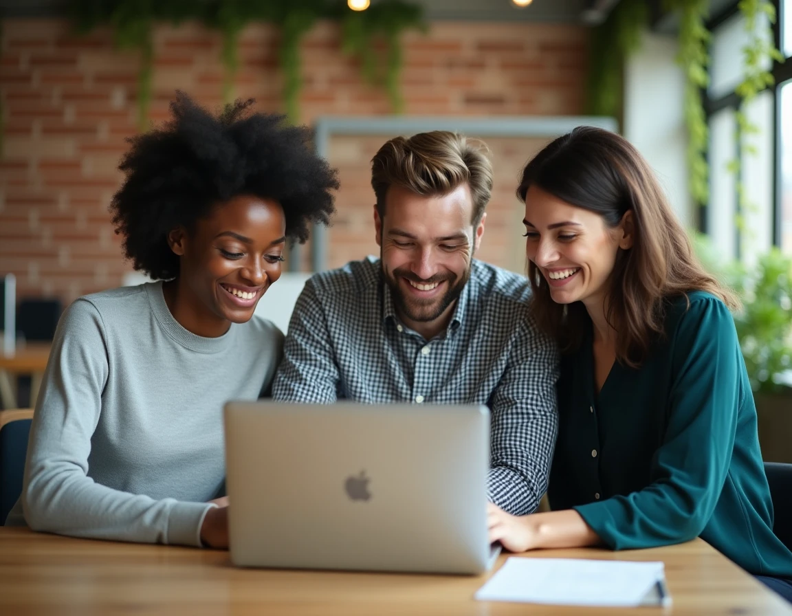 Équipe collaborative examinant le logiciel de gestion de données Prolencia Smart FR sur un ordinateur portable dans un espace de coworking moderne