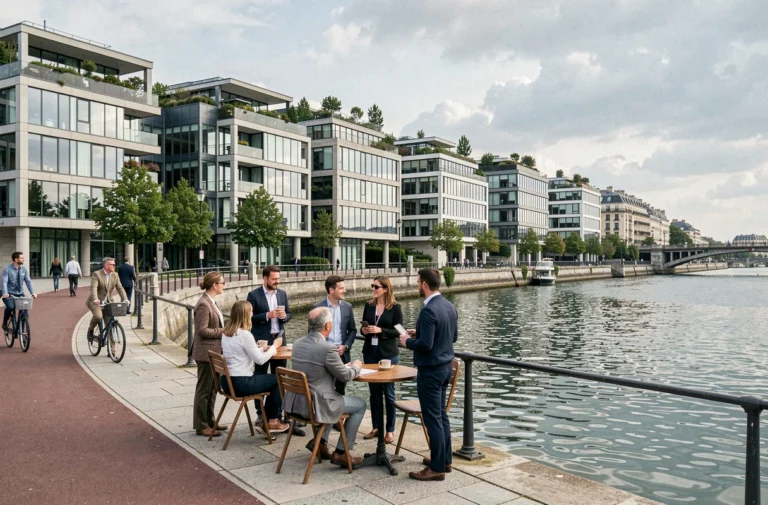Esplanade moderne en bord de Seine dans l'agglomération Grand Paris Seine Ouest avec architecture contemporaine et promenade piétonne