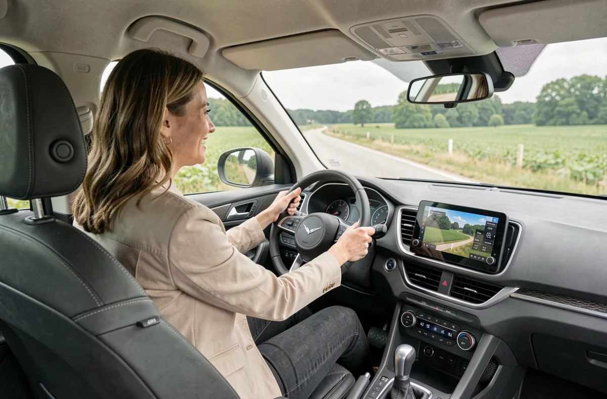 Femme en essai routier d'un SUV compact sur une route de campagne près de Naninne