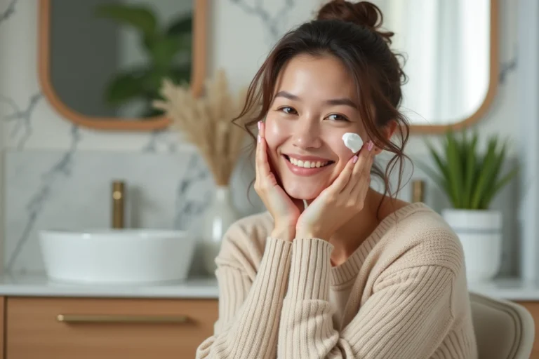 Femme appliquant une creme visage dans une salle de bain lumineuse