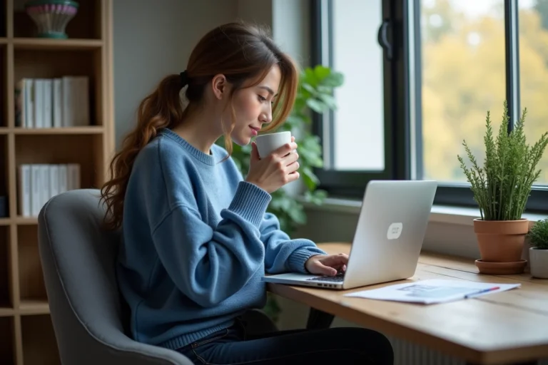 Jeune femme au bureau regardant son ordinateur portable