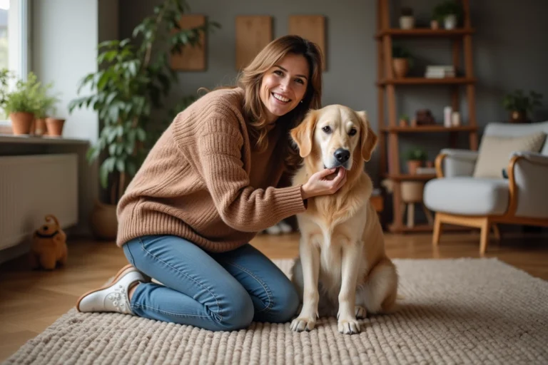 Femme en denim et pull doux brossant un retriever dans un salon chaleureux