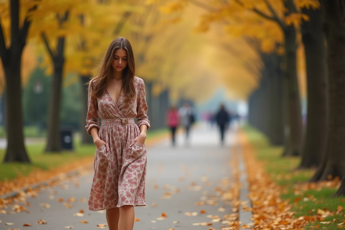 Femme en robe fleurie marchant dans un parc automnal