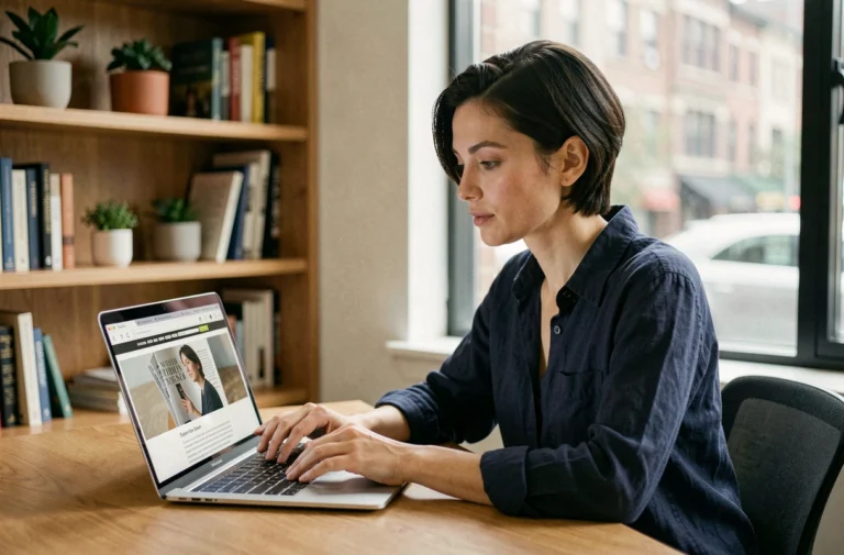 Femme consultant le site Insight Mag sur un ordinateur portable dans un bureau à domicile moderne et lumineux