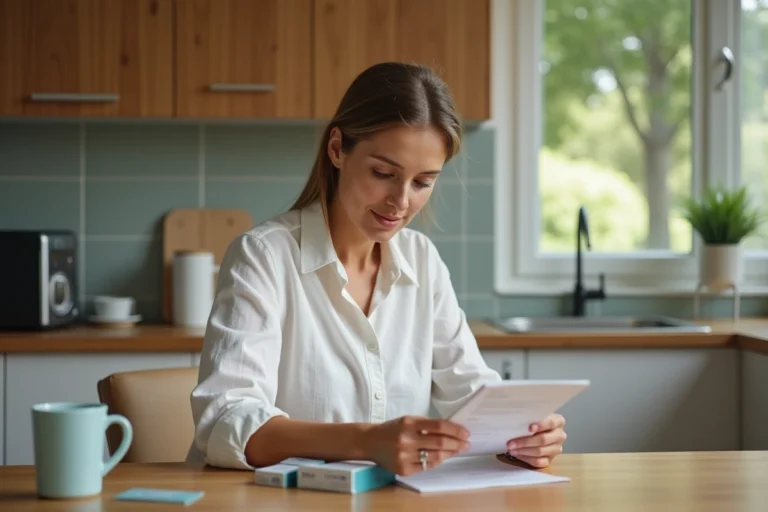 Femme lisant la notice d'un médicament Puissance 1000 à la table de sa cuisine, illustrant l'importance de connaître les effets secondaires et contre-indications