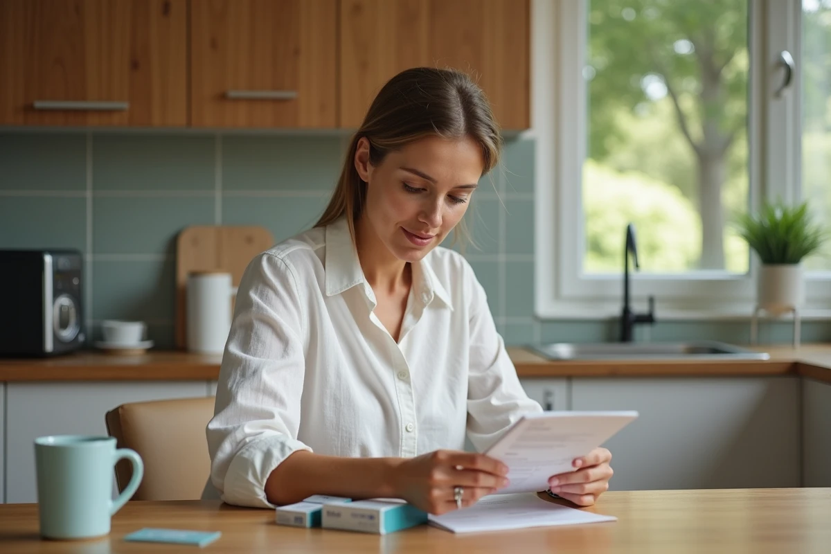 Femme lisant la notice d'un médicament Puissance 1000 à la table de sa cuisine, illustrant l'importance de connaître les effets secondaires et contre-indications