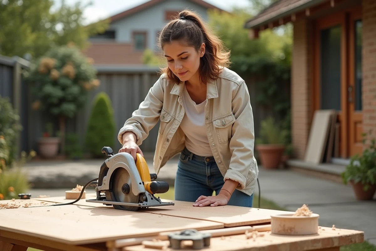 Femme guidant une scie circulaire sur une planche en extérieur