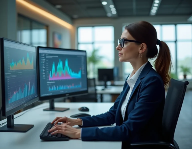 Femme professionnelle analysant des tableaux de bord de données sur deux écrans ultralarges dans un bureau moderne avec Prolencia Smart FR
