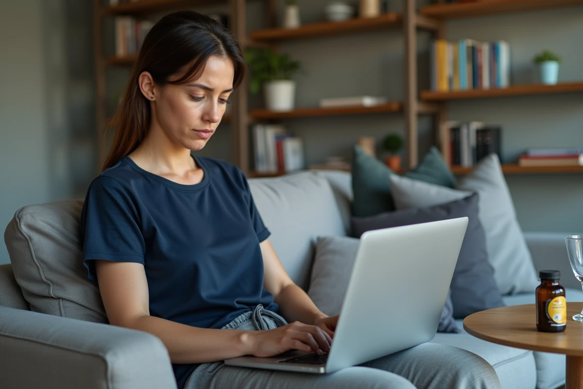 Femme recherchant des informations sur les effets secondaires d'un complément Puissance 1000 sur son ordinateur portable depuis son salon
