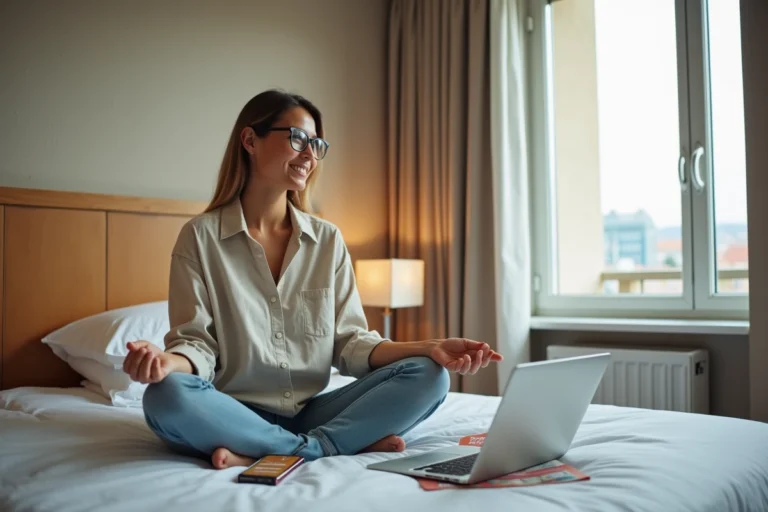 Femme planifiant son hébergement de voyage depuis son lit d'hôtel avec un ordinateur portable et une application de réservation