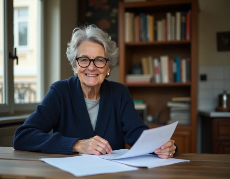 Femme senior française de 65 ans consultant des documents sur les avantages et aides pour les retraités à domicile
