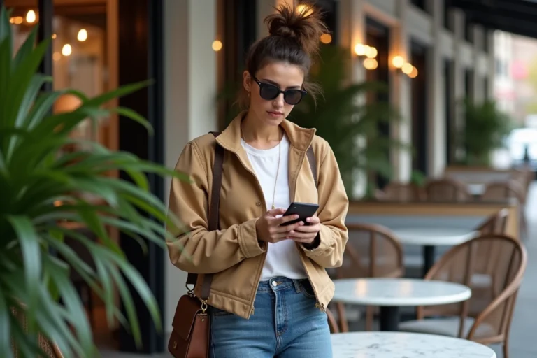 Femme en streetwear dans un café urbain moderne