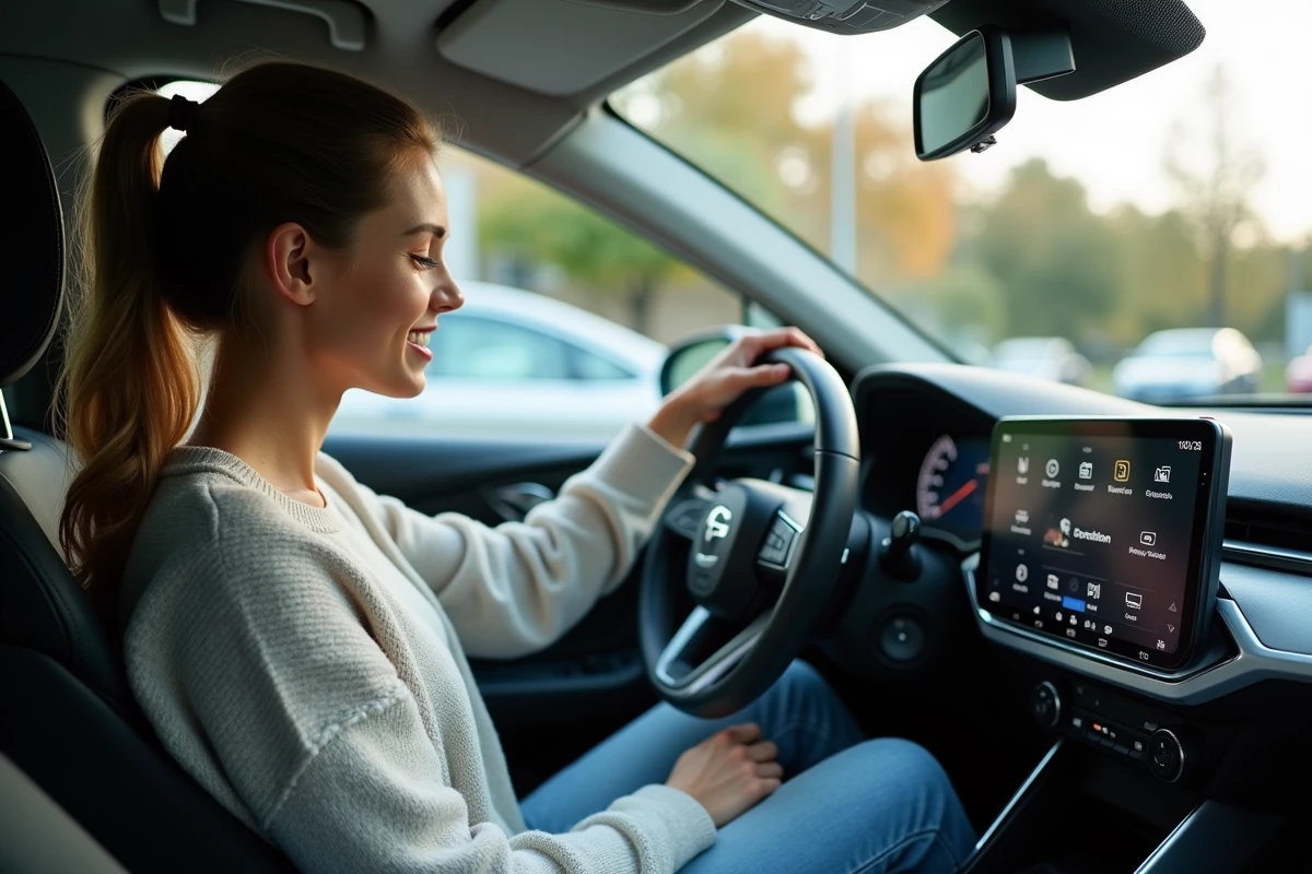Femme dans la voiture utilisant l'écran tactile du tableau de bord