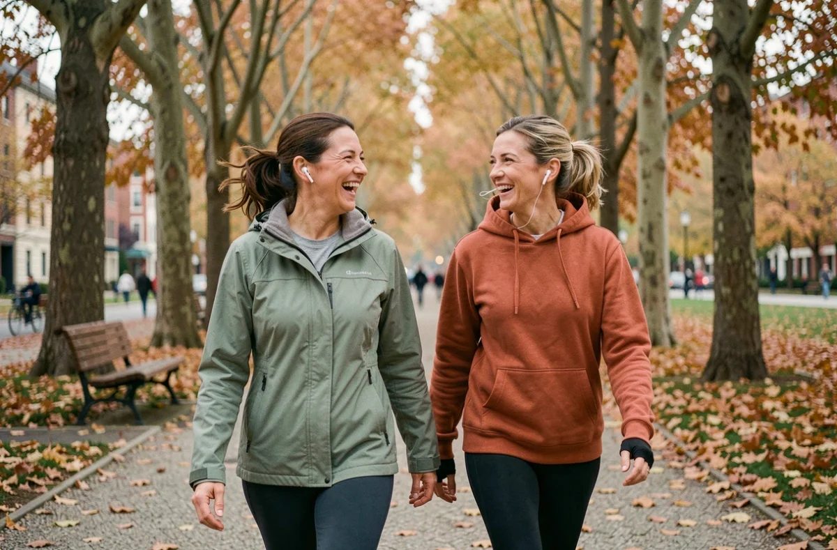 Deux femmes marchant et discutant dans un parc urbain en automne pour prendre soin de leur santé