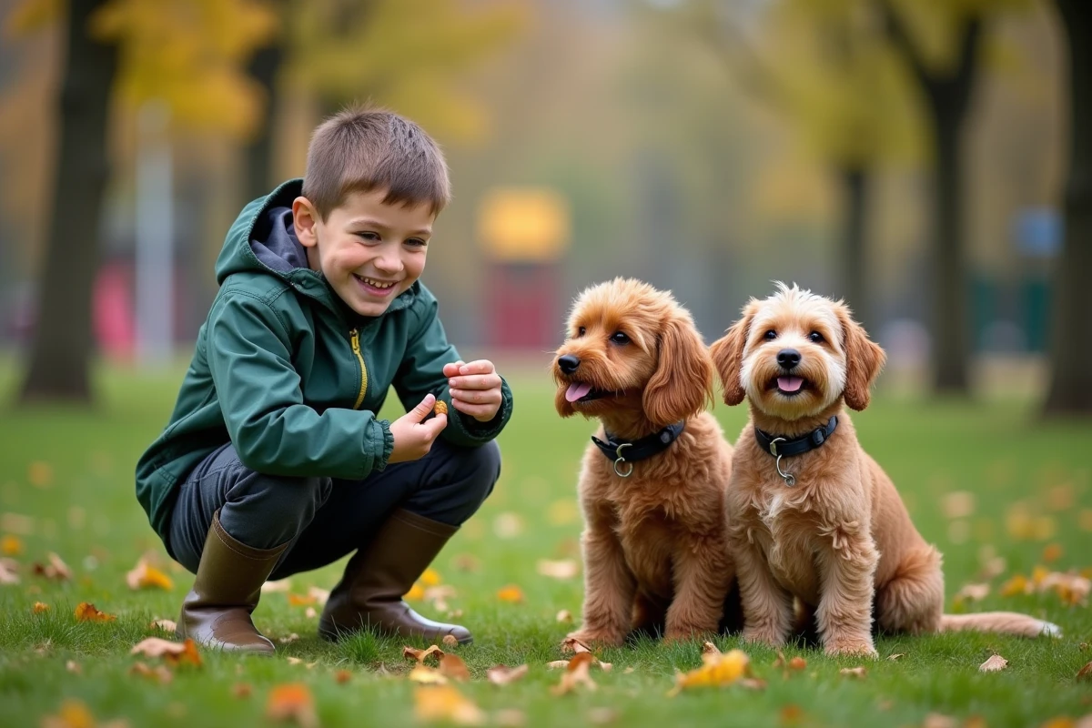 Garçon souriant offrant des friandises à trois chiens dans un parc urbain