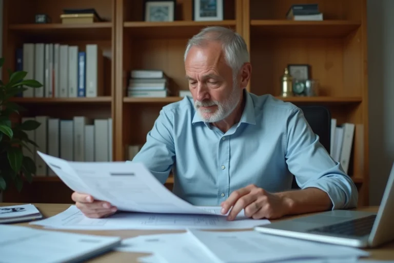 Homme consultant des formulaires fiscaux à son bureau pour gérer la suppression de l'annexe 2044 EB