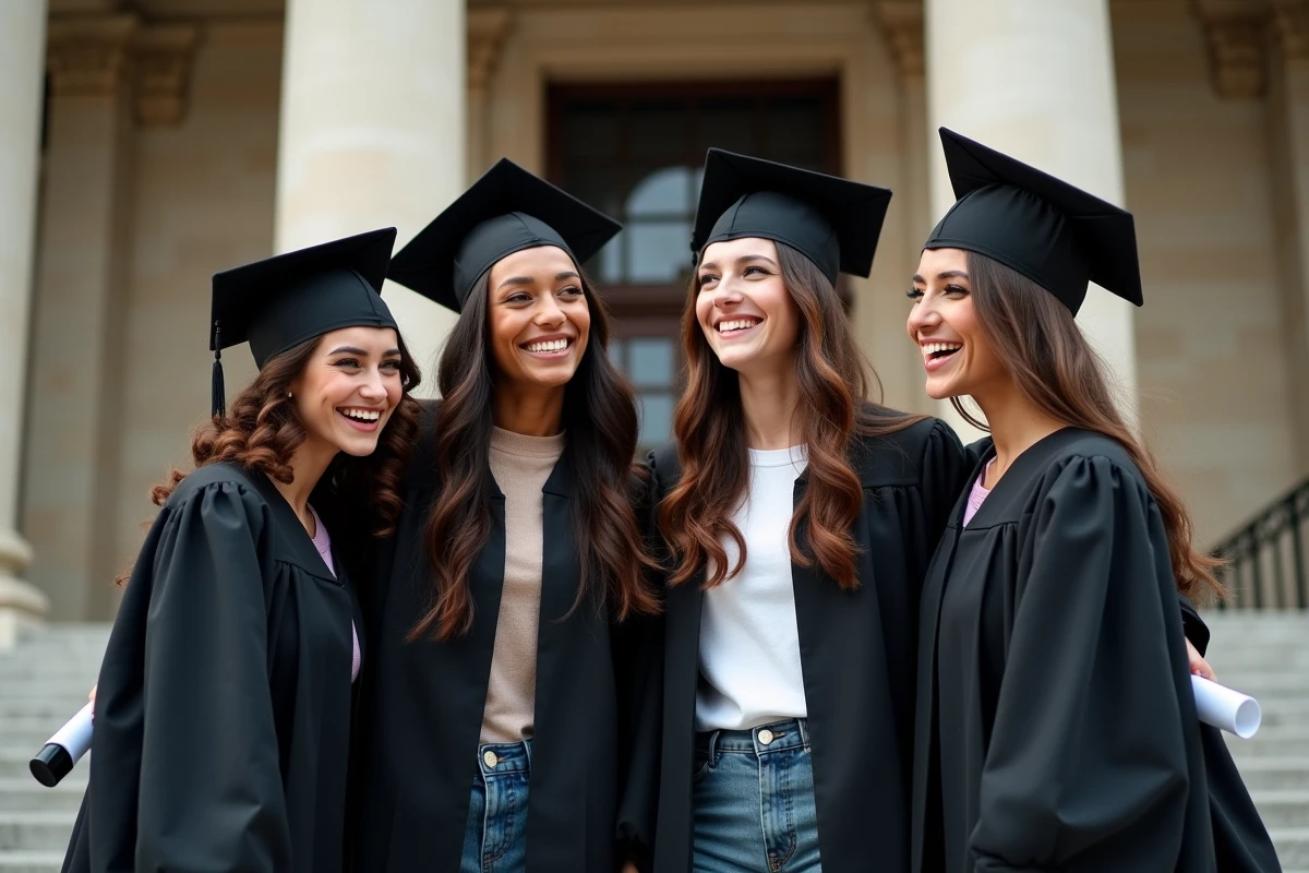 Groupe d'étudiants diplômés en toge célébrant ensemble devant un bâtiment universitaire