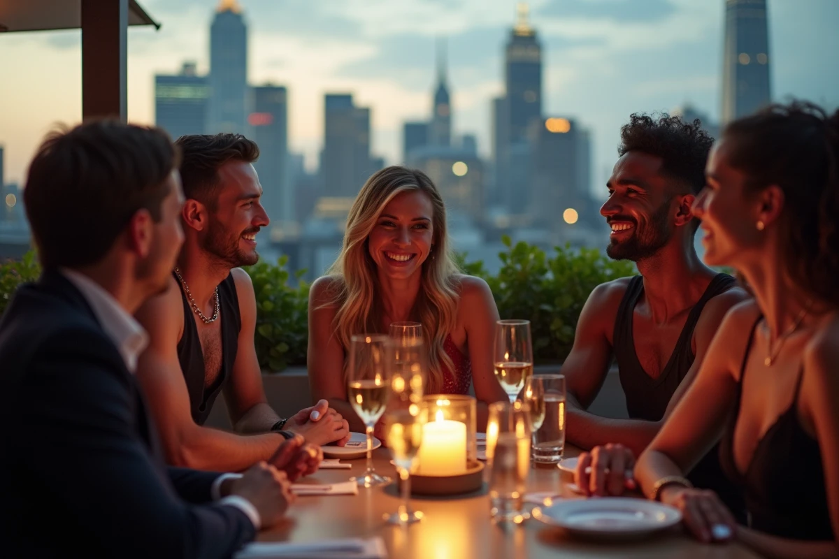 Groupe d amis élégants dans un lounge sur le toit