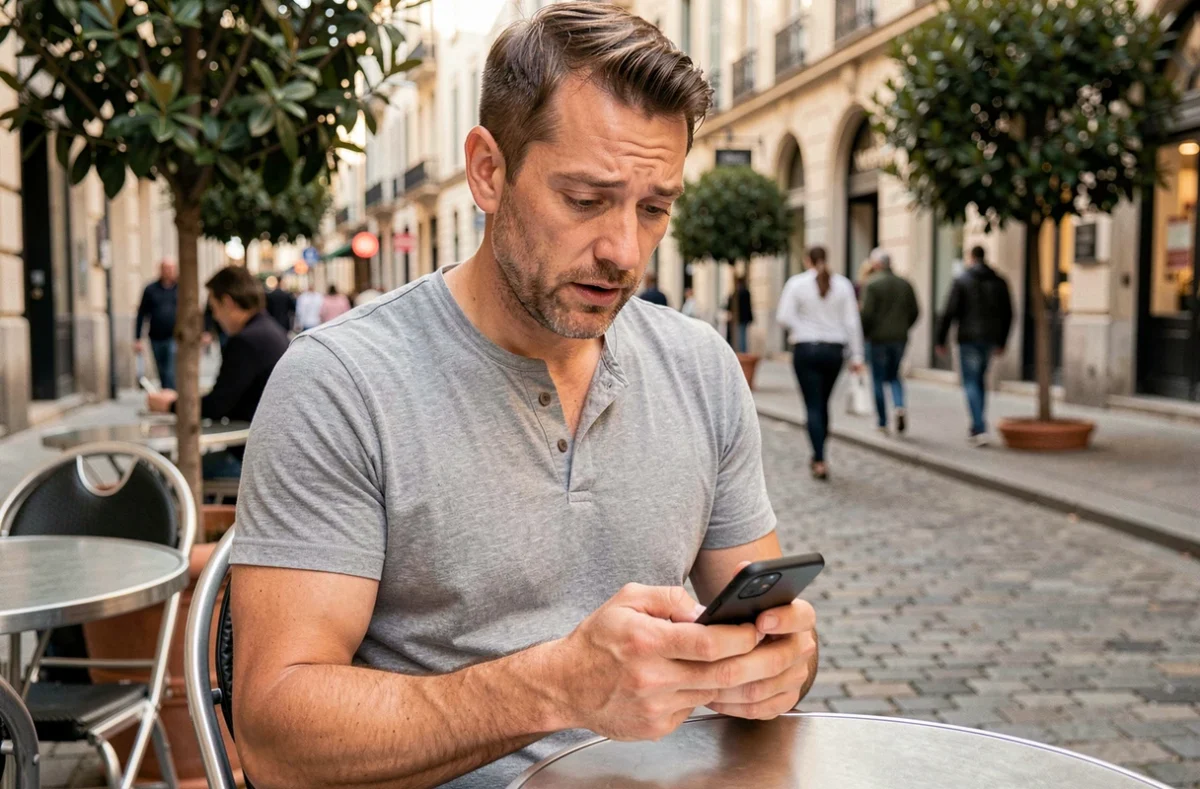 Homme consultant l'actualité du jour sur son smartphone dans un café urbain en plein air