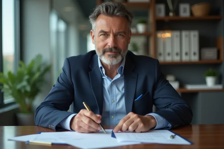 Homme d'affaires en costume bleu examine des documents