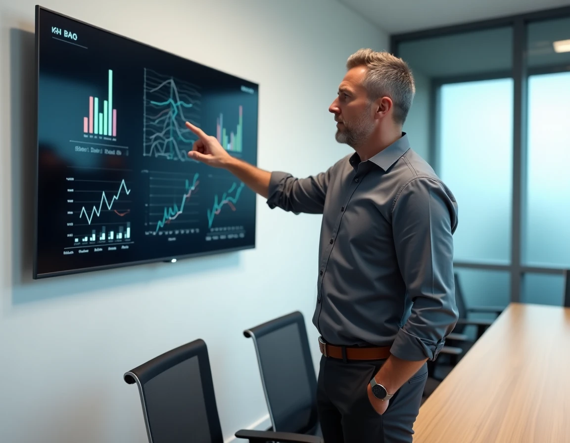 Homme d'affaires présentant une interface de gestion de données Prolencia Smart FR sur un écran interactif en salle de réunion