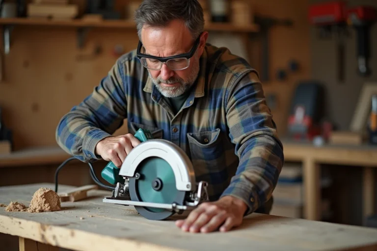 Homme en atelier ajustant une scie circulaire avec sérieux
