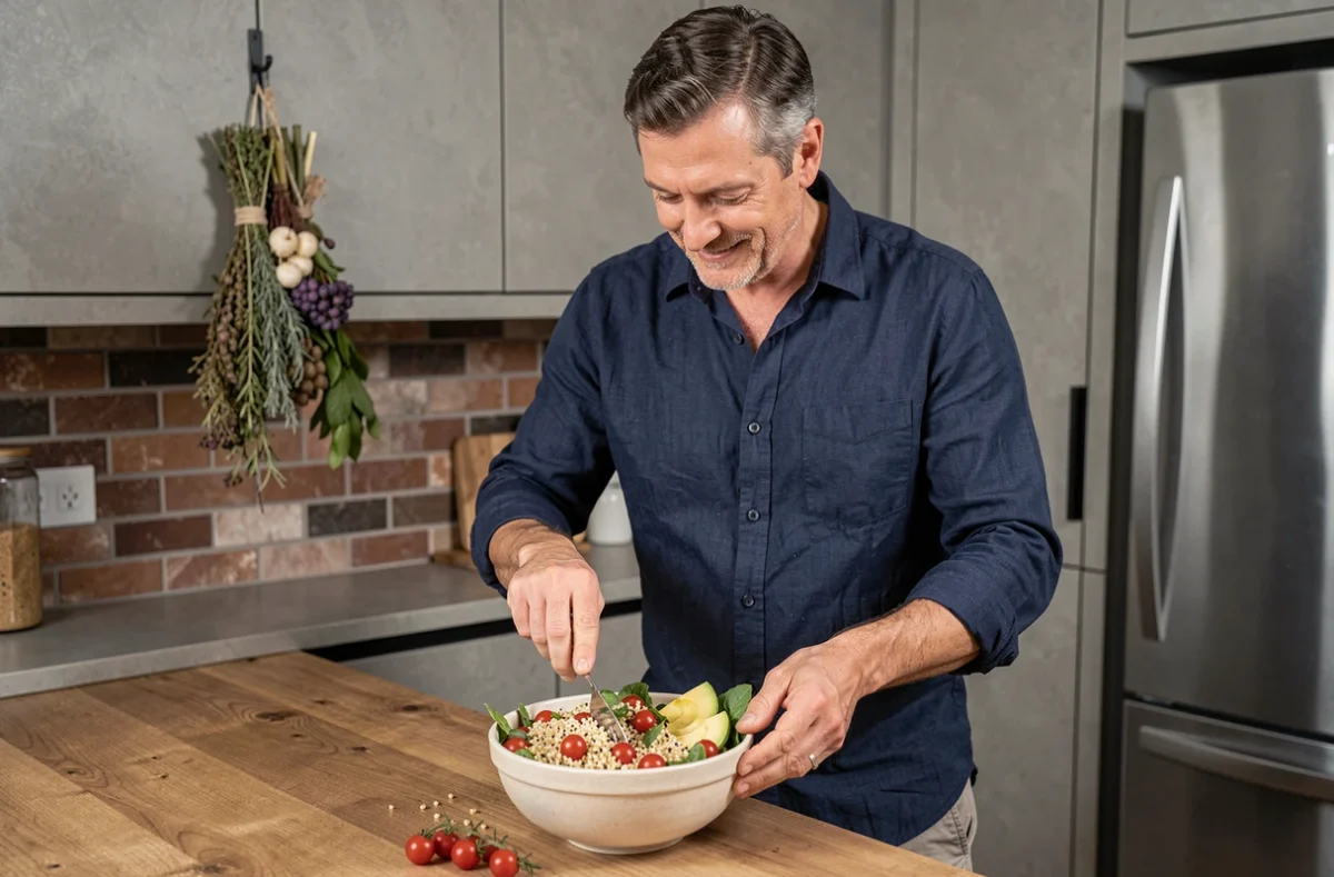 Homme préparant un repas sain à base de légumes frais et de quinoa dans une cuisine moderne