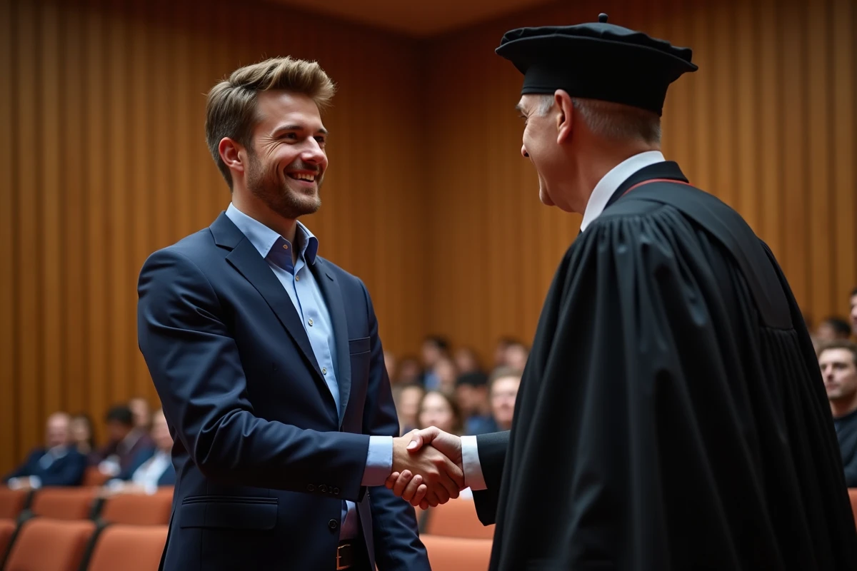Homme diplômé recevant son parchemin lors d'une cérémonie de remise de diplômes dans un auditorium