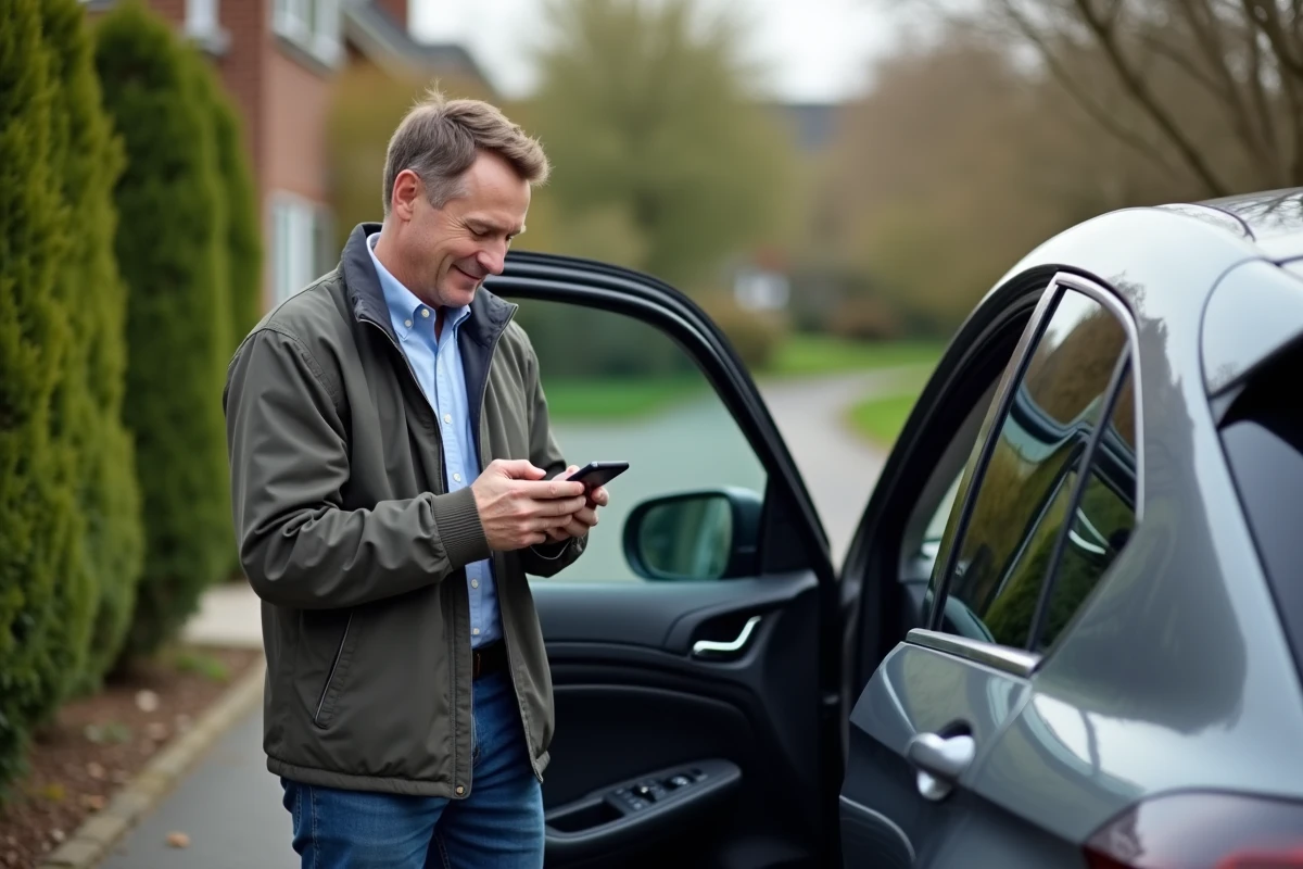 Homme dehors avec smartphone près de la voiture en drive